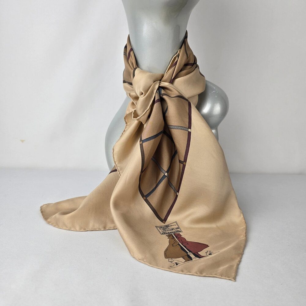 Vintage Burberry Silk Scarf Made in Italy Equestrian Print Beige Square